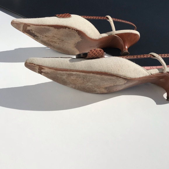 Ferragamo Snakeskin & Canvas Mules / Slingbacks - Picture 7 of 9